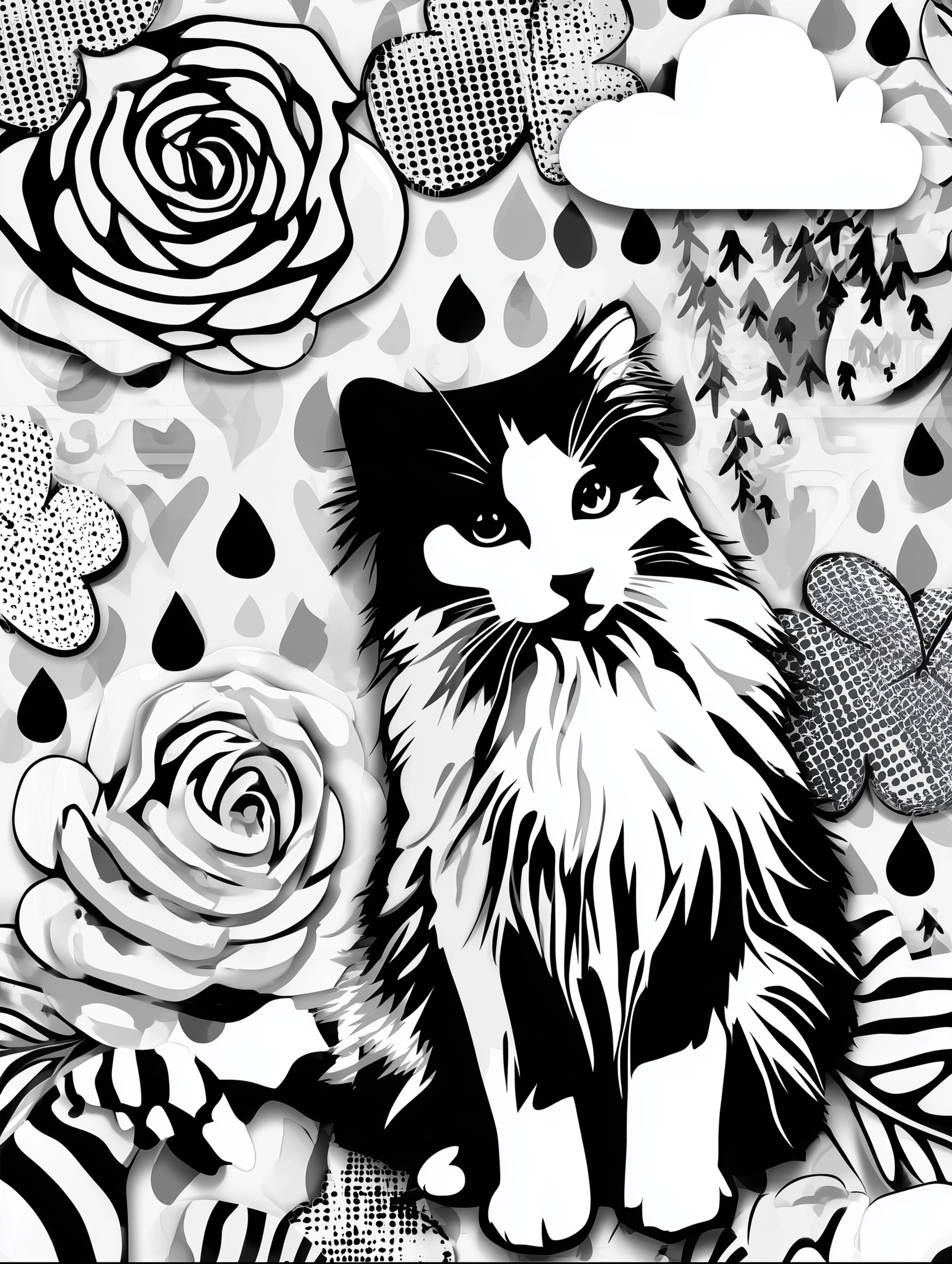 Free printable cats coloring page featuring a cat sitting in the rain